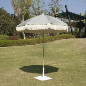 Portable Parasol with Fiberglass Ribs Beech Pole Canvas Tassels Beach Umbrella 200CM