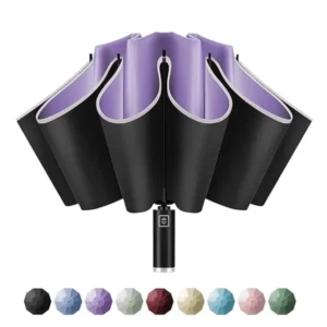 Portable Reverse Three-Fold Car Umbrella with Reflective Strips, Automatic Compact Design