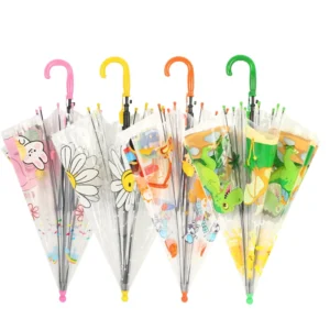 Portable Straight Transparent Automatic-Open Long-Handle Cartoon Kids Umbrella for Boys and Girls