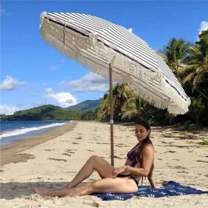 Portable Vintage Boho Wooden Pole Fringe Parasol Outdoor Beach Umbrella With Tassels