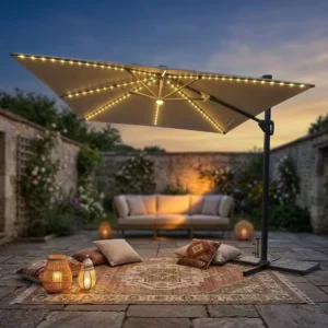 Premium Cantilever Offset Umbrella with Integrated LED Lighting System Large Rectangular Outdoor Patio Sunshade in Dark Green
