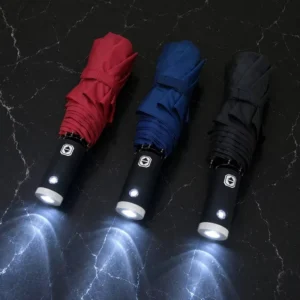 Premium Led Torch Handle Full Automatic 3 Fold Compact Windproof with Reflective Print and Pipings for Corporate Gift Umbrella
