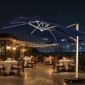 Premium Modern All Aluminum Cantilever Garden Patio Umbrella with Solar Light for Dining Cafe Umbrellas