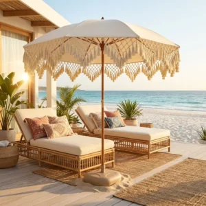 Promotional Boho Chic Macrame Tassel Garden Umbrella Outdoor Patio Wooden Pole Round Base Sun Shade Parasol Factory