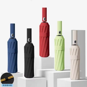 Promotional Business Logo Gift Modern 3-Folding Automatic Umbrella 12 Ribs Strong Windproof 190T Nylon 105cm Diameter Outdoor
