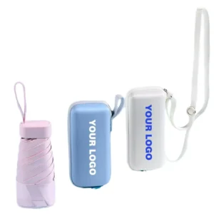 Promotional Dual Use Six Folding Anti UV Umbrella Sun & Rain Protection Mini Pocket Zipper Leather Bag Classic Design for Travel