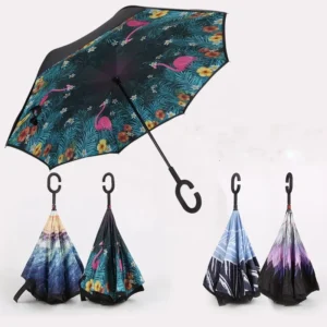 Push Button Cherry Blossom Windproof UV Reverse C Hook Umbrella