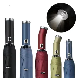 Quality Automatic Umbrella Custom Logo Windproof LED Flashlight Handle Rotating Light Business Gift China Factory