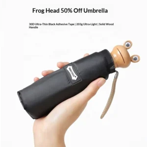 Rain and Sun Dual-Use Frog Wooden Handle Manual Open Black UV-Coated UPF50+ Pocket Five-Folding Umbrella for Ladies