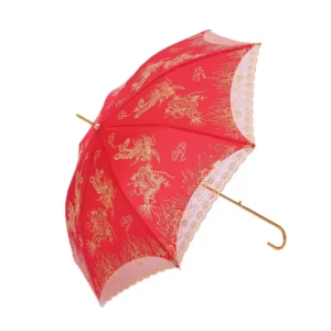Red Bride Umbrella Lace Embroidered Dragon Phoenix Festive Parasol Long Handle Adults Customizable Logo Printing