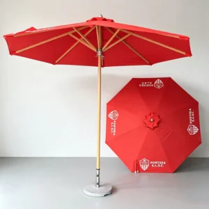 Red Outdoor Patio Market Umbrella with Custom Logo Printed Wood Pole for Beach Club Cafe Restaurant
