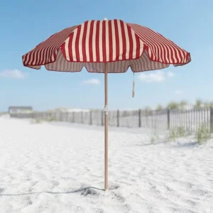 Red Striped UPF 50 Beach Parasol, Steel Pole with Sand Screw Tip, for Travel, Sea, and Backyard