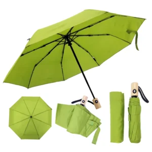 Resin Fiberglass Frame Fully Automatic 3-Fold 8K Compact Umbrella Wood Handle Solid Color Pongee Customizable Logo