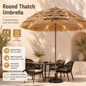 Restaurant Patio Set With Thatch Umbrella for Themed Projects