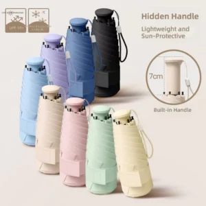 Retractable handle Manual Ultralight Mini Umbrella Dual use Sun Rain Foldable Black coated Fabric Womens Sunshade UV 6 Ribs