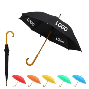 Retro Golf Umbrella with Curved Wooden Handle, Wind Resistant