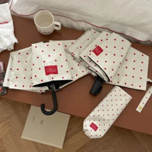 Retro Milky-White Polka-Dot Three-Folding Sun and Rain Umbrella for Women Automatic Opening UV Protection Compact Portable Glass