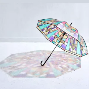Retro Palace Style Stained Glass Umbrella Semi-Automatic Long Handle Straight Transparent Travel