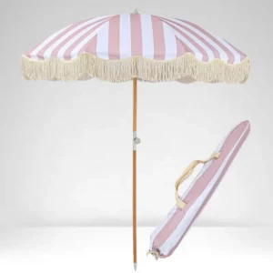 Retro Umbrella Beige Blue Pink Stripe Foldable Parasol with Tassels for Courtyard Outdoor Beach Hotel and Swimming Pool Use