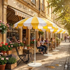Retro Yellow and White Striped Aluminum Sunshade Pagoda Umbrella for Outdoor Furniture & Garden Use