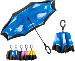 Reverse 2-Fold Umbrella for Rain with Handle Tool Kit and Emergency Life Hammer
