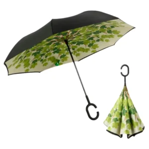 Reverse 3-Folding Umbrella 8 Ribs Double Canopy Leaf Print C-Handle for Adult Business Travel Car Rain Daily Use