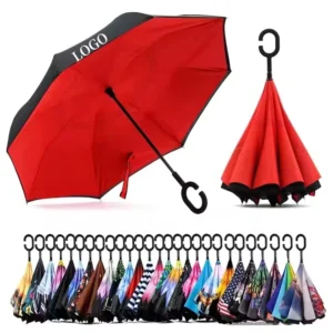 Reverse Inverted Straight Car Rain Umbrella with Double Canopy for Outdoor and Golf Use