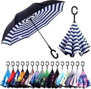 Reversible Umbrella with C-Shaped Handle Windproof Reverse Folding Umbrella for Car Multicolor