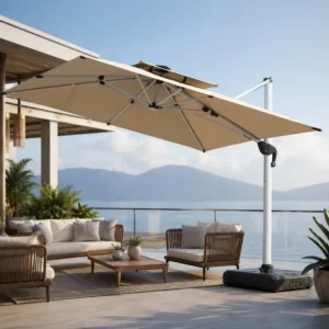 Roman Cantilever Patio Umbrella with LED Light and Aluminum Frame