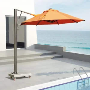 Round Small-Handle Hydraulic Full Aluminum Patio Umbrella with Nylon Plate, 150kg Wheeled Water Tank Base