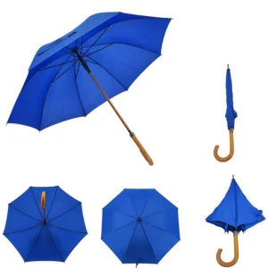 Royal Blue Long Handle Umbrella with Wooden Shaft and J-Handle Vintage Style Semi-Automatic Straight Umbrella