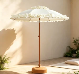 Ruffled White Beach Umbrella with Floral Top Trim and Water-Filled Base for Boho Patio Garden Poolside Resort