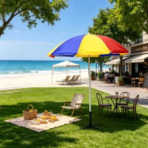 Rust-Free 2.4M Outdoor Parasol with Yellow Stripes, Retro Design and Silver-Glue Coating
