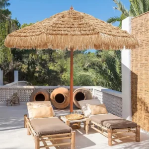 Rust Prevention Aluminum Alloy Column Outdoor Patio Umbrella 2.7-3.0M Waterproof Beach Straw Umbrella with Fringe