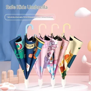 Safe Children’s Semi automatic Opening Waterproof Umbrella for Girls Boys Primary School Commute J Handled Cartoon Cute Design