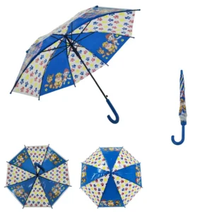 Safe Kids Umbrella, 8-Rib Transparent Cute Dog Pattern Long Umbrella with Bule Hook Handle, Easy to Fold for Storage