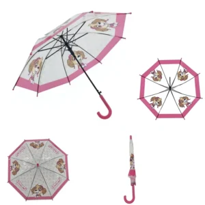 Safe Kids Umbrella, 8 Ribs Transparent Cute Dog Pattern Long Umbrella with Pink Hook Handle Easy to Fold for Storage
