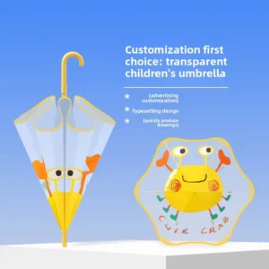 Safe Rounded Edge Children’s Transparent Umbrella Elementary School Students Little Crab Cartoon Style Manual Long Handle 6 Ribs