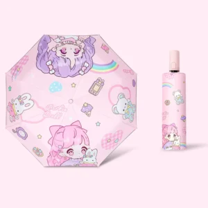 Safety Anti rebound Cartoon Design Iron Tube 8ribs 97cm Kid’s Umbrella Rain Sun Auto Open Close Three Folding UV Protective Back
