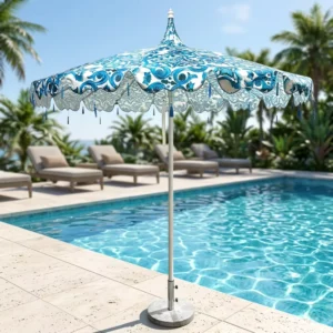 Scalloped Outdoor Fiberglass Pagoda Umbrella with Fringe