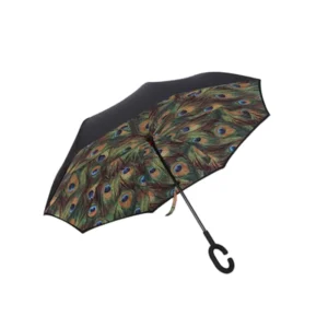 Self-Standing Reverse Design Green Peacock Feather Double-Layer Inverted Umbrella With C-Shape Handle