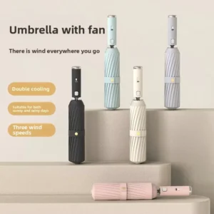 Semi-Automatic Sun Umbrella with Fan Cooling UV Protection Outdoor All-Weather Three-Fold Folding Umbrella