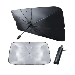 Silver Coated Front Windshield Sunshade Umbrella with UV Protection and PU Leather Case
