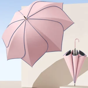Simple Creative 8rib Custom Curved Handle Leather Straight Umbrella Black Coating Sunshade Petal Umbrella