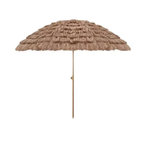 Simulated Straw Folding Outdoor Beach Courtyard Umbrella with Iron Frame and Fiberglass Ribs