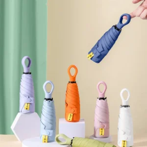 Small Five-Fold Windproof Travel Umbrella, Anti-UV, Circular Handle