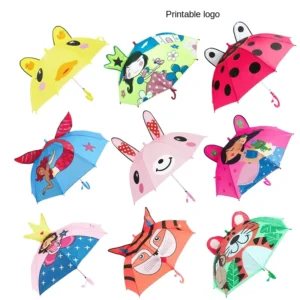 Small Three-Folding Polyester Cartoon Animal Ear Umbrella for Children
