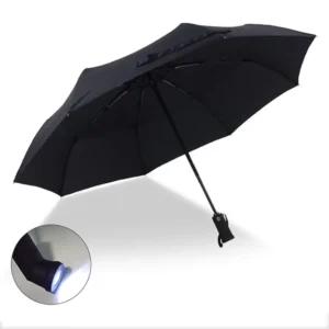 Solar 3-Fold Waterproof Automatic Umbrella with LED Flashlight Compact Travel Design Steel Shaft and Logo