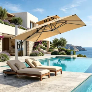 Solar LED Light Cantilever Parasol with Large Movable Base for Pool Patio Terrace