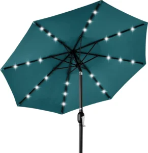Solar LED Patio Umbrella with Tilt Button UPF50+ Sun Shade for Poolside Garden & Outdoor Dining
